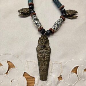 Unique Unusual Egyptian style necklace on leather cord, vintage